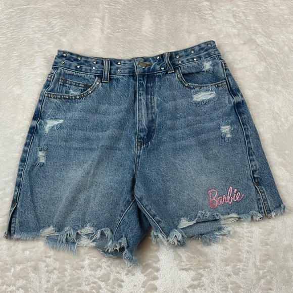 Barbie Pants - Barbie - Forever21 Blue Jean Shorts with Pink Logo - Bedazzled Gemstone Waist